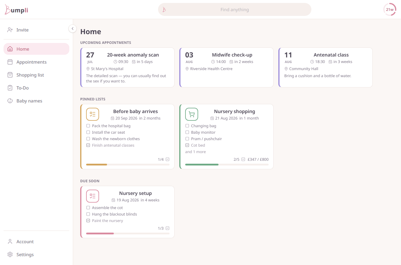 The Bumpli web app showing upcoming appointments, pinned lists, and pregnancy progress.